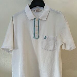 Men's Original Penguin White and Teal Short-Sleeve Polo Shirt (Large)